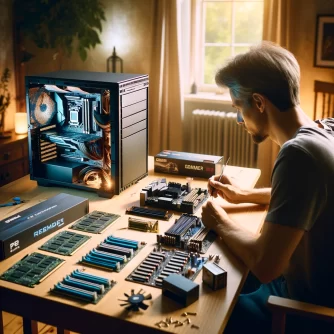 DALL·E 2024-03-18 13.30.12 - An image of a person assembling a high-end gaming PC. The setting is a well-lit room with a clean, spacious desk. Various PC components such as a moth